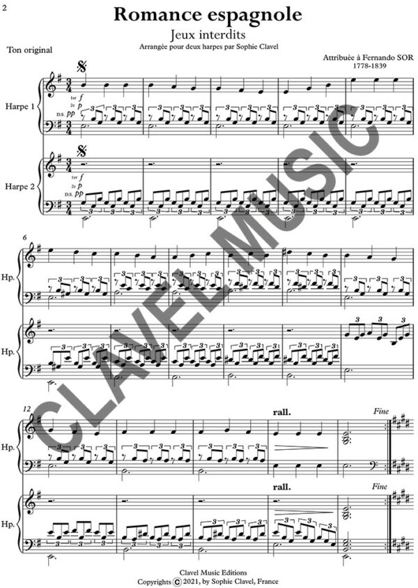 Partition de SOR F. Jeux Interdits Romance pour deux harpes pdf