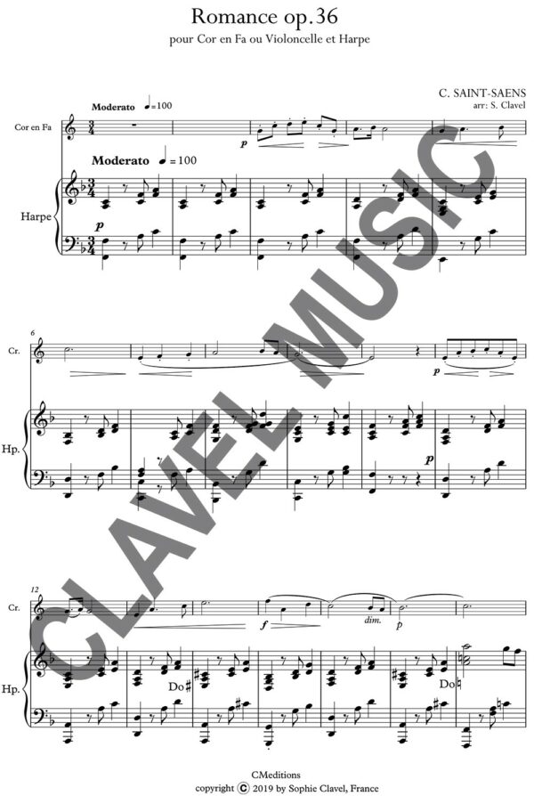 Partition de SAINT-SAENS C. Romance op.36 pour Cor en Fa et Harpe pdf