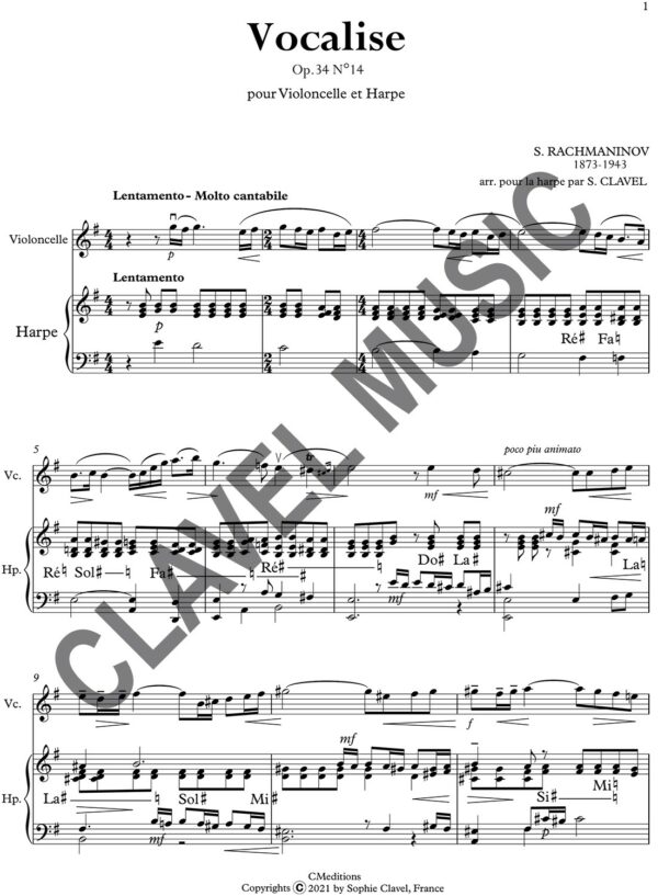 Partition de RACHMANINOV S. Vocalise pour Violoncelle et Harpe pdf