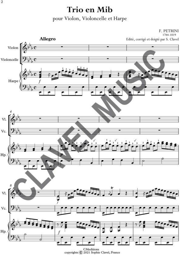 Partition de PETRINI F. Trio en Mib pour Violon, Violoncelle et Harpe pdf