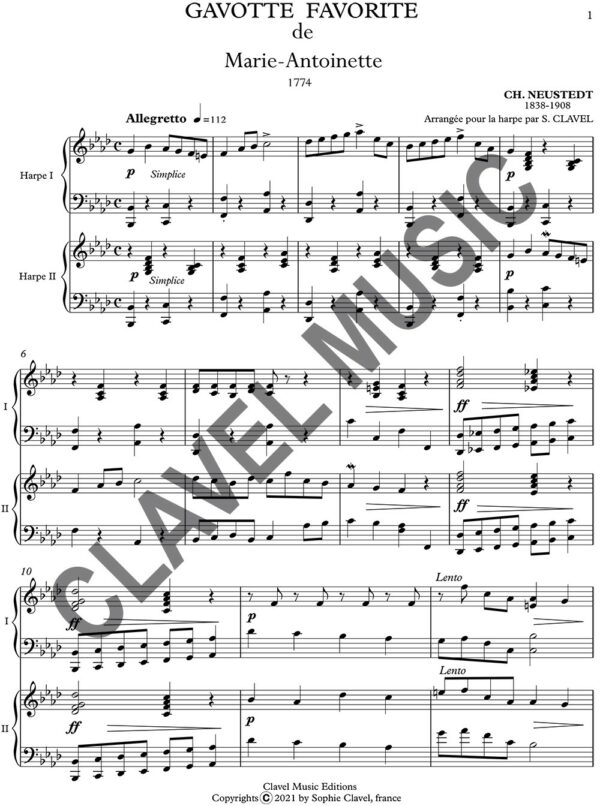 Partition de NEUSTEDT C. Gavotte Favorite de Marie-Antoinette pour Deux harpes pdf