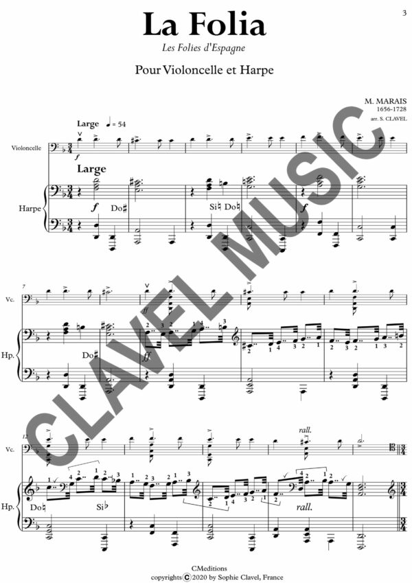 Partition de MARAIS M. La Folia pour Violoncelle et Harpe version pdf