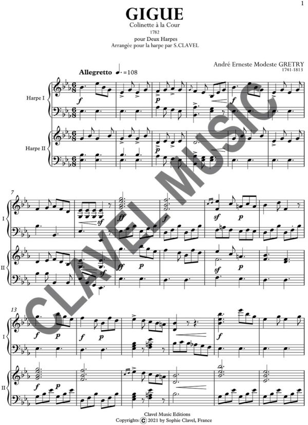 Partition de GRETRY A.E.M. Gigue pour Duo de harpes pdf