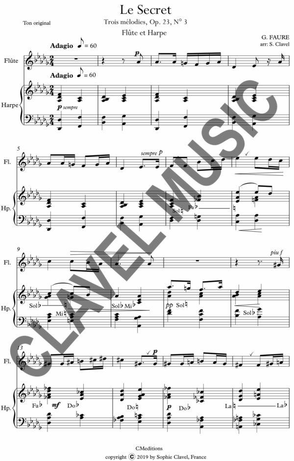 Partition de FAURE G. Le Secret op.23 n°3 pour Flûte et Harpe pdf