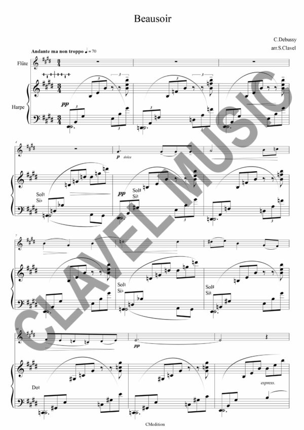 Partition de DEBUSSY C. Beau Soir pour Fl. ou V° et Harpe pdf