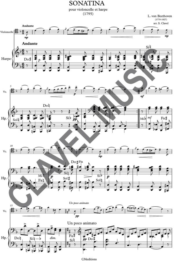 Partition de BEETHOVEN L. v. Sonatina pour Violoncelle et Harpe pdf
