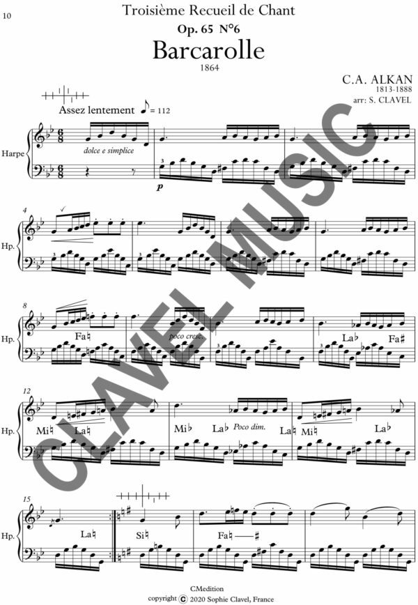 Partition de ALKAN C.V. Barcarolle n°6 pour Harpe pdf